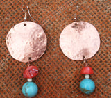 round hammered solid copper on top and coral and round turquoise beaded on bottonm earring