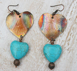 heart design of copper flame painted and turquoise  heart bead on bottom earring