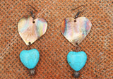 heart design of copper flame painted and turquoise  heart bead on bottom earring